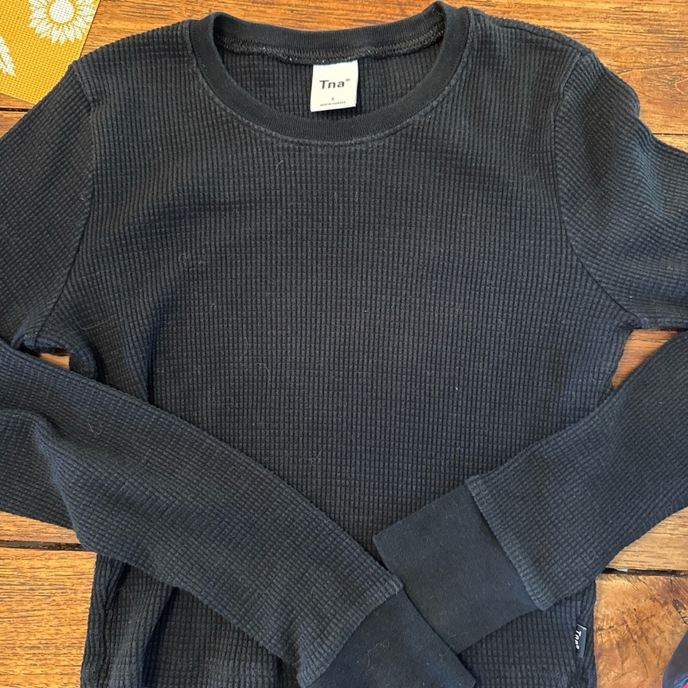 TNA Black Waffle-Knit Crewneck Long Sleeve